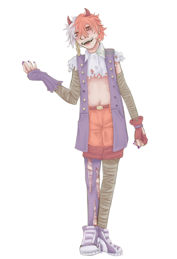 keyart of mayo, a lanky pale humanoid. they are standing and smiling, tilting their head to the side a little, and are holding one hand up in a kind of half shrug. he is wearing a torn white button up, ripped to be a crop top with short sleeves. she has orange shorts with red details, bandages around one leg, and ripped purple tights on the other leg, and white and purple ankle hight trainers. it also has a purple sleeveless vest that reaches about the end of their shorts. the vest has pockets some missing buttons, causing the remaining ones to be in groupings of 3, 3 and 2. xe has split orange and white hair that reacher xer jaw, and small red horns. they have orange and pink eyes, eye bags, and fangs. he has a thick gold chain hanging from the side of his head tah reaches his shoulders, and a gold earring on the other side. she has purple nails, and ripped purple glove on one hand, and a ripped red glove with a purple strap on the other.